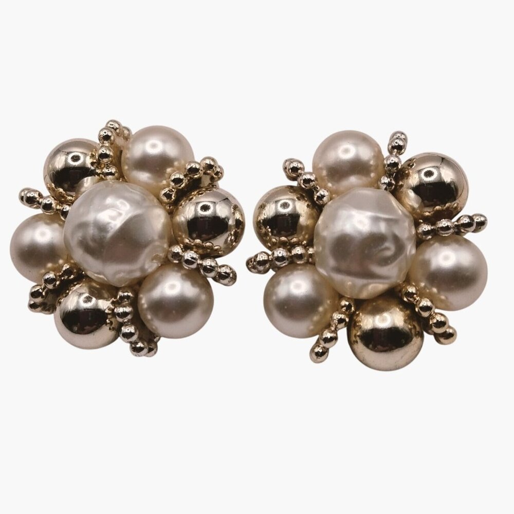 Faux Pearl Clip On Earrings Gold Tone Vintage Retro Statement